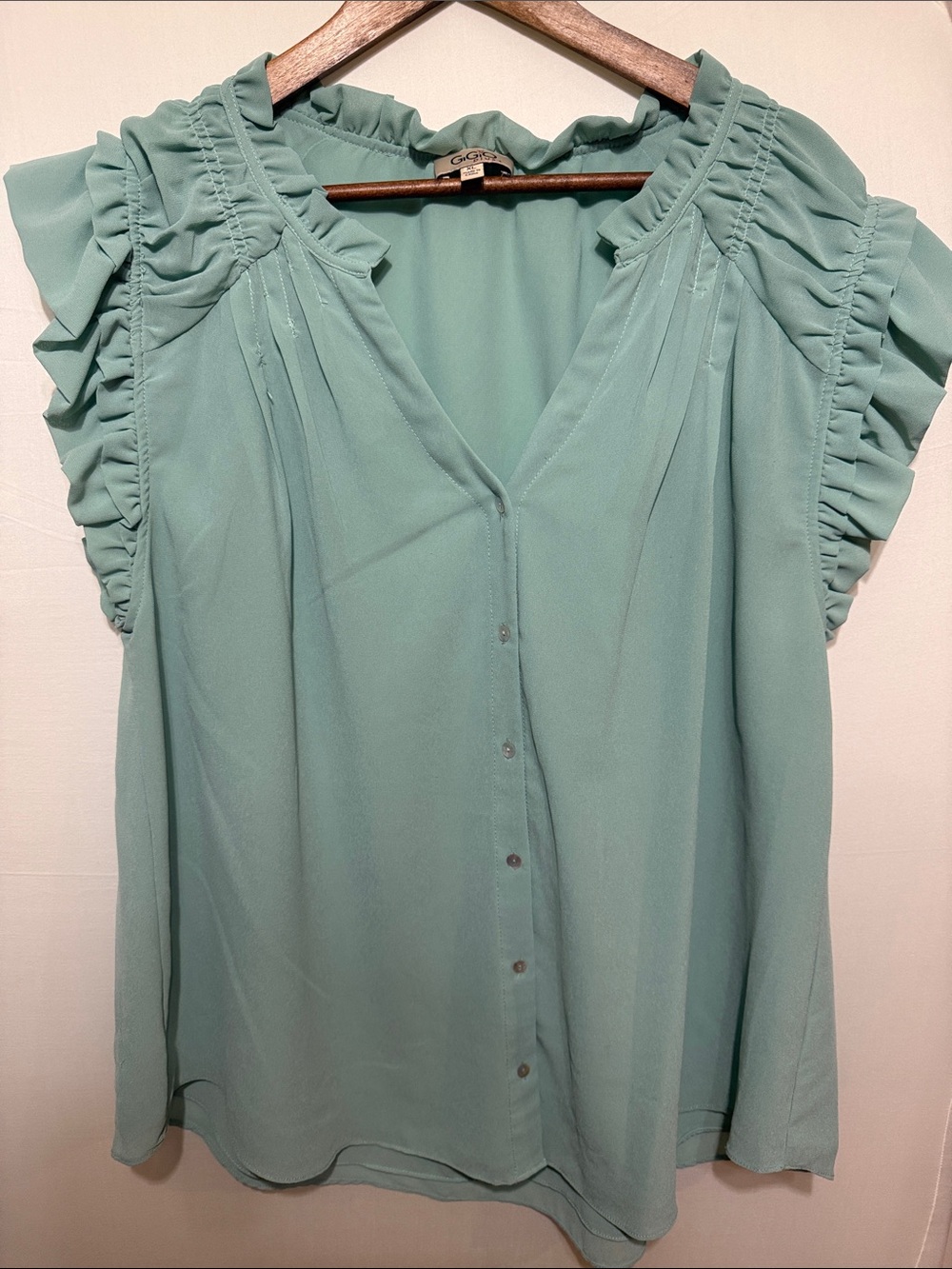 Ruffle Sleeve Button-Front Blouse in Mint Green